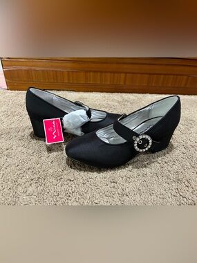 Nina Black Dress Shoes Little Girls Size 2 Low Block Heel Rhinestone Buckle Foam